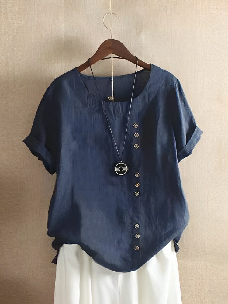 Classic Solid Color Short-Sleeve Blouse with Button Details
