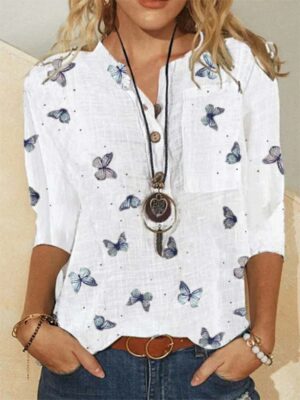 Women's 34 Sleeve Cotton Linen Shirt - Lightweight Fashion Blouse with Butterfly Print