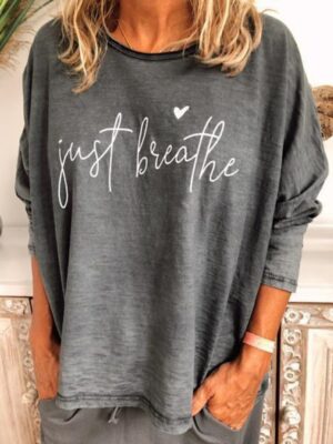 Women's Crew Neck Long-Sleeve Shirt with Alphabet Print - Casual Loose-Fit Blouse