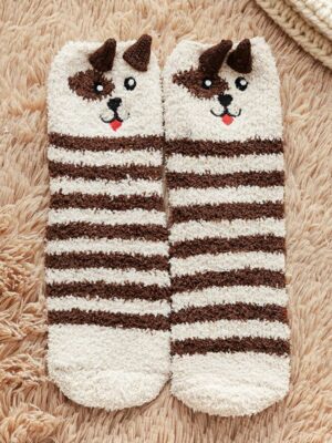 Adorable Dog Face Warm Socks Cozy Fuzzy Striped Footwear for Ultimate Comfort and Style