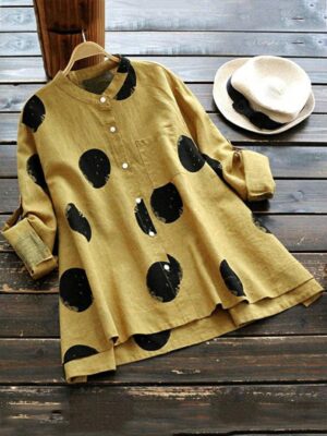 Beautiful Linen Blouse for Women: Yellow & White Polka Dot Top with Stand Collar