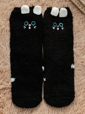Cozy Cat Socks Stylish Black Fuzzy Animal-Inspired Footwear
