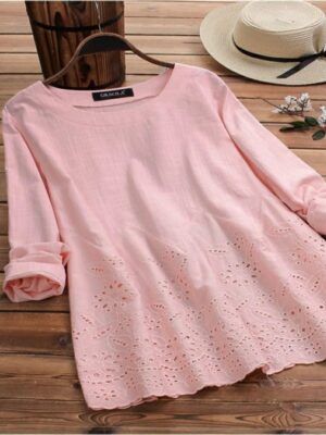 Floral Hollow Embroidered O-neck Long Sleeve Blouse for Women