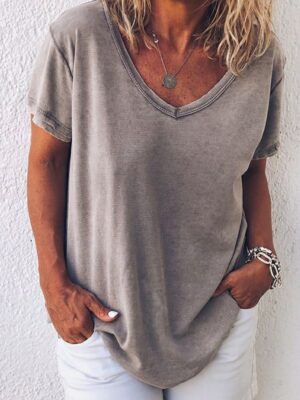 Grey Cotton V-neck Blouse: Women's Short Sleeve Retro-Styled Loose Top