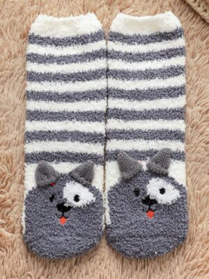 Grey Dog Face Striped Socks Cozy Fuzzy Warmth with Adorable Style