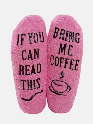 Pink Fuzzy Velvet Socks - 'If You Can Read This, Bring Me Coffee' Design Socks