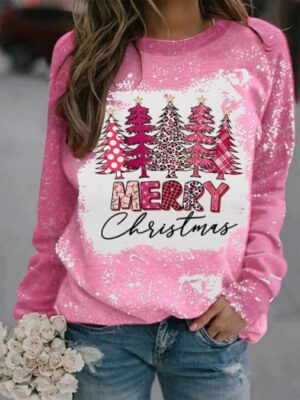 Pink Merry Christmas Crewneck Sweatshirt Trendy Festive Long Sleeve Pullover