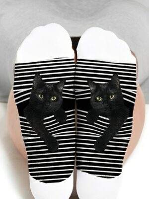 Vivacious Striped Funny Cat Socks Black Feline Leaping from Dynamic Stripes for the Ultimate Cat Lover Experience