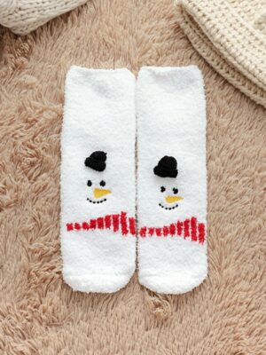 Warm White Snowman Fuzzy Socks - Coral Fleece Christmas Delight for Winter Comfort