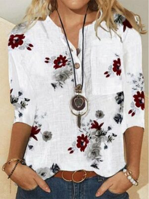 White Linen Blouse for Women Floral Print Down Blouse with 34 Sleeve, Pocket, and Button Detail