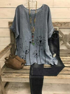 Women's Casual Round Neck Blouse with Dandelion Print - Half Sleeve & Loose Fit