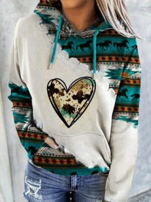 Women's Graphic Horse & Heart Sweatshirt Hoodie - Vibrant Blue Geometric Pullover