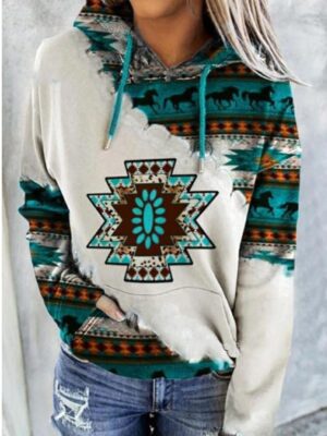 Women's Graphic Sweatshirt with Aztec Geometric and Horse Print - Comfortable Long Sleeve Hooded Pullover in Red, Deep Green, and Blue