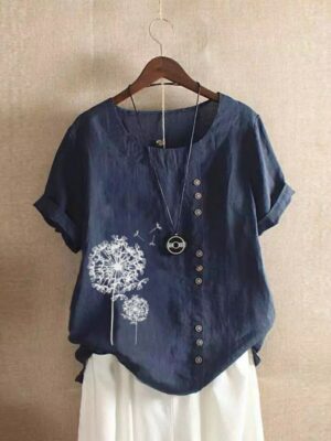 Womens Short Sleeve Dandelion Blouse Linen, Decorative Side Buttons in 14 Vivid Colors - Casual Ladies Tops and Blouses