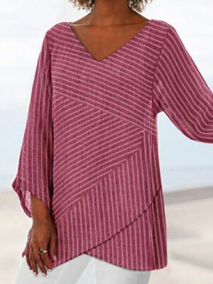 Women's Striped V-Neck Blouse Casual Loose Fit Linen Tunic Tee in Multiple Colors