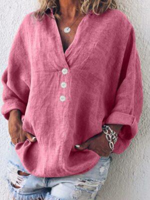 Women's V-Neck Chiffon Blouse - Casual Long Sleeve, Loose Fit, Roll-Up Sleeves, Plus Size Options