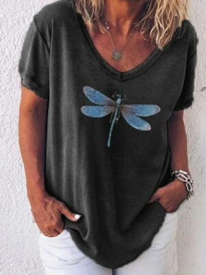 Women's V-Neck Dragonfly Graphic Tee - Summer Casual Short Sleeve Loose Fit Shirt
