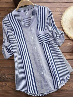 Women's V-Neck Stripe Print Blouse - 3/4 Sleeve Casual Loose Fit Linen Shirt