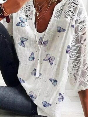 Women's V-neck Blouse with Butterfly Print & Long Tassel Sleeves