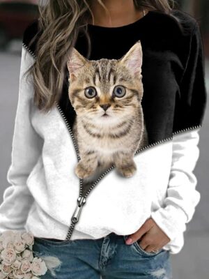Adorable Kitten Illusion Zip-Up Graphic Cat Sweatshirt - Perfect for Pet Lovers