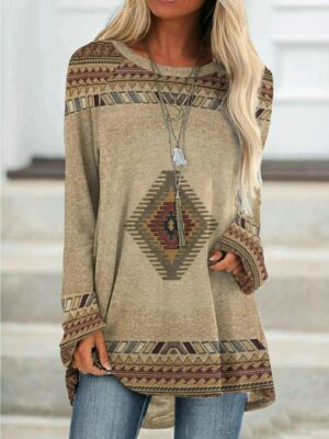 Boho Chic Geometric Brown Sweatshirt - Unique Graphic Elegance