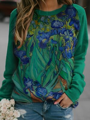 Botanical Bliss Blue Floral on Green Sweatshirt - Nature's Elegance in Casual Wear