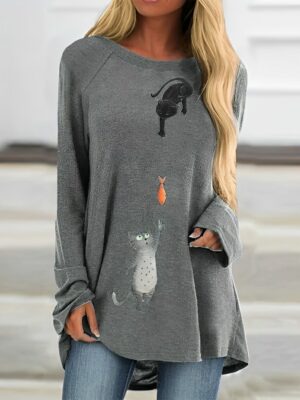 Charming Cat Chase Fish Print Longline Sweatshirt Dress - Whimsical Comfort Wear for Cat Lovers