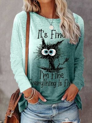 Chill Cat Tie-Dye Graphic Sweatshirt ”It’s Fine, I’m Fine,Everything is Fine” Sweatshirt