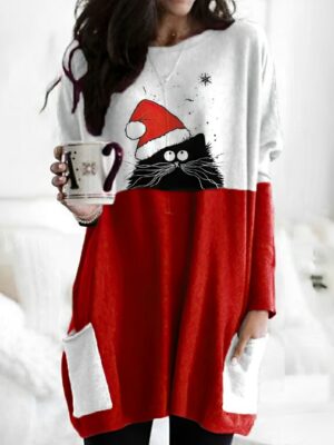 Christmas Kitty Santa Hat Longline Sweatshirt Dress - Cozy Cat Lover's Holiday Apparel