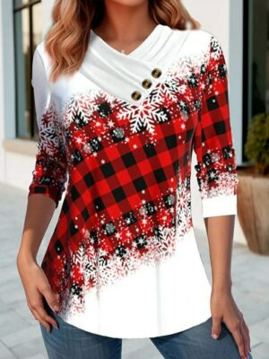 Festive Christmas Sweatshirt with Snowflake & Plaid Design - Cozy Holiday Wear
