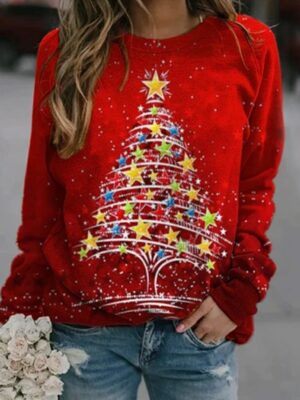 Starry Christmas Tree Elegance Sweatshirt in Festive Red