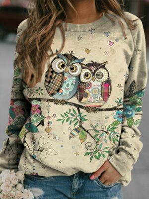 Whimsical Owls Branch Perch Tan Crewneck Sweatshirt