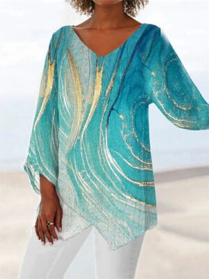Seaside Inspired Gold-Stripe V-Neck Long Sleeve Blouse